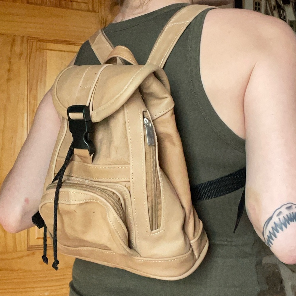 Handmade Bohemian Festival Style Tan Authentic Leather Mini Backpack - Picture 11 of 11